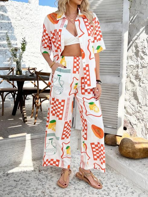 'Splendory' Collared Print Top and Pants Set - Celes Fashion